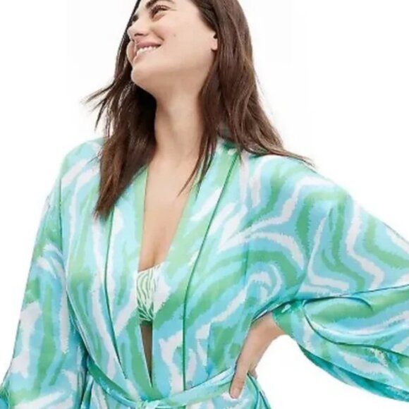 DVF for Target Women's Long Satin Disco Zebra Green Robe - Picture 5 of 5